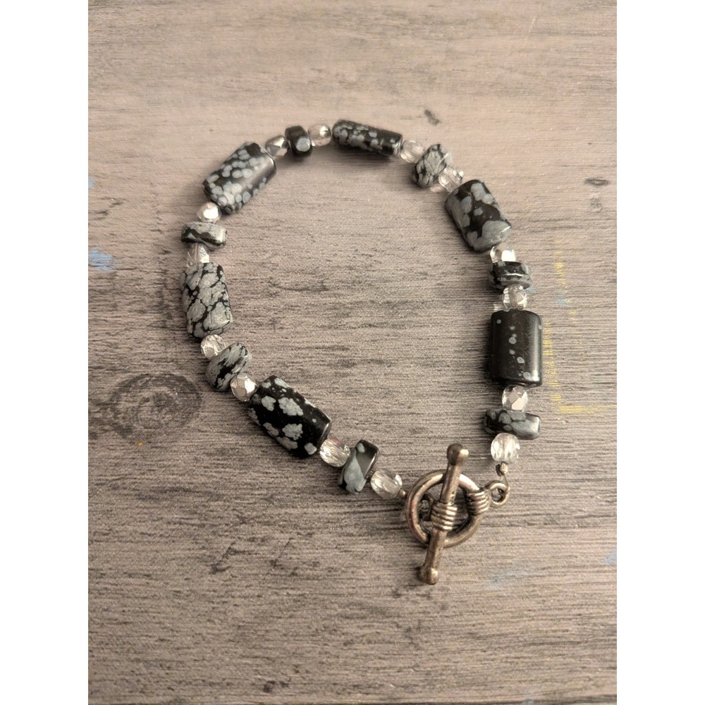 Snowflake Obsidian Beaded Bracelet Silver Tone Toggle Clasp Natural Stone Black